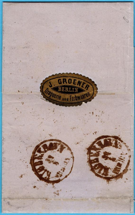 Geschäftsbrief an " Herrn Adolph Trier & Goldschmidt, Copenhagen " - versandt am 30. August 1869 von Berlin nach Copenhagen - Briefrückseite