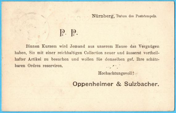 Besuchsankündigung " Oppenheimer & Sulzbacher " - versandt am 26. Februar 1902 - Kartenrückseite