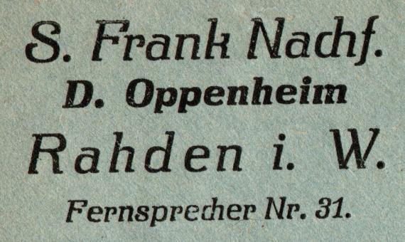 Geschäftsbriefumschlag " S. Frank Nachfolger - D. Oppenheim ", Rahden i. W. - versandt am 13. Februar 1920 - Ausschnittvergrößerung Geschäftsadresse