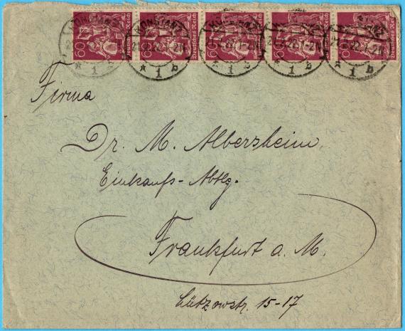 Briefumschlag an Firma " Dr. M. Albersheim, Einkaufs-Abtlg, Frankfurt a. M., Lützowstr. 15-17 " - versandt am 21.Februar 1922