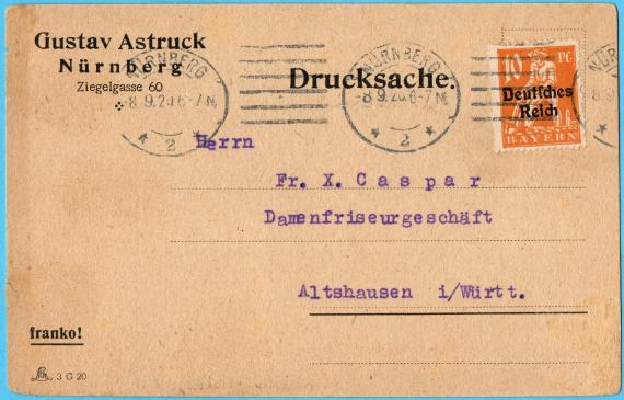 Announcement of visit to the " Nuremberg tortoiseshell & horn goods factory Gustav Astruck Nuremberg " - sent on September 8, 1920