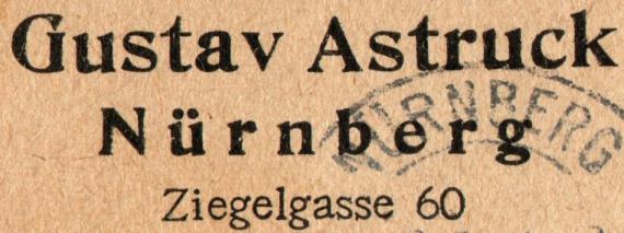 Announcement of visit to the " Nuremberg tortoiseshell & horn goods factory Gustav Astruck Nuremberg " - sent on September 8, 1920 - detail enlargement of business address