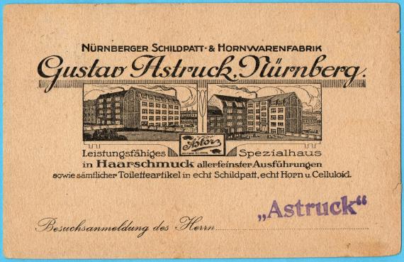 Announcement of visit to the " Nuremberg tortoiseshell & horn goods factory Gustav Astruck Nuremberg " - sent on September 8, 1920 - back of card