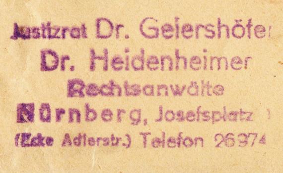 Envelope " Justizrat Dr. Geiershöfer - Dr. Heidenheimer, Rechtsanwälte " Nuremberg, Josephsplatz 1 - sent on May 10, 1930 - detail enlargement - law firm address