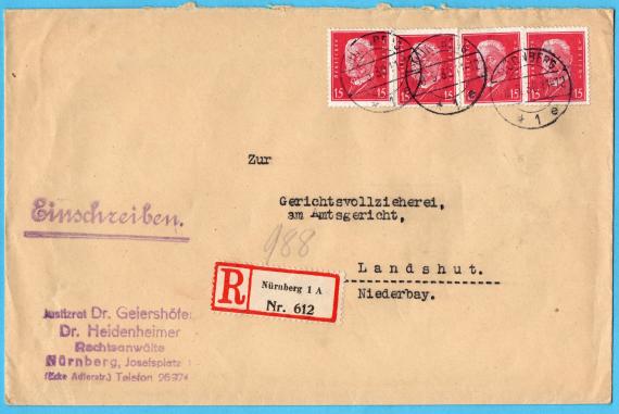 Envelope " Justizrat Dr. Geiershöfer - Dr. Heidenheimer, Rechtsanwälte " Nuremberg, Josephsplatz 1 - sent on May 10, 1930