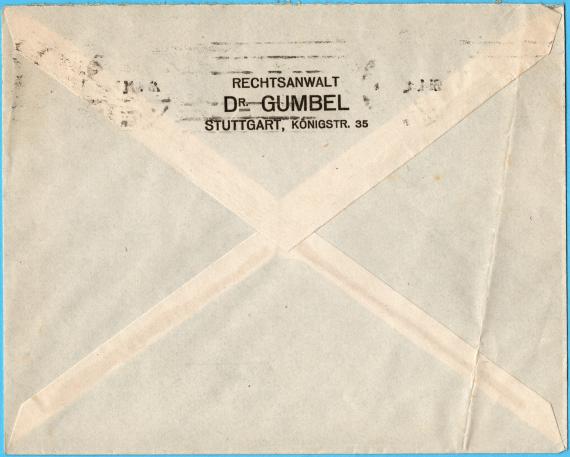 Envelope from " Attorney Dr. Gumbel, Stuttgart, Königstr.35 - sent on January 25, 1921 - back of envelope