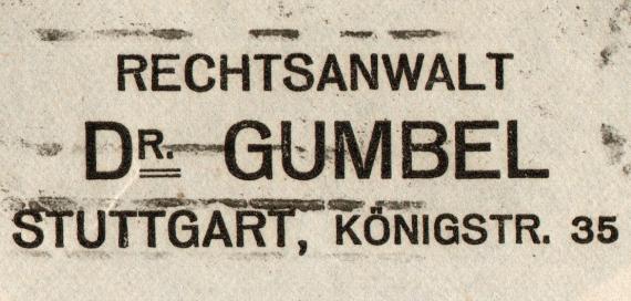 Briefumschlag - Dr. Gumbel Envelope from " Attorney Dr. Gumbel, Stuttgart, Königstr.35 - sent on January 25, 1921 - detail enlargement - law firm address