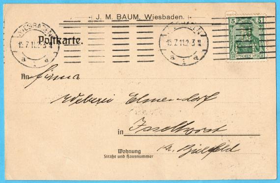 Postkarte - J.M. Baum Geschäftspostkarte " J.M. Baum, Wiesbaden " - versandt am 15. Juli 1911