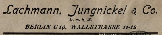 Geschäfts-Briefumschlag " Lachmann,Jungnickel & Co., Berlin, Wallstraße 11-12 " - versandt am 23. Januar 1925  - Ausschnittvergrößerung Firmenadresse