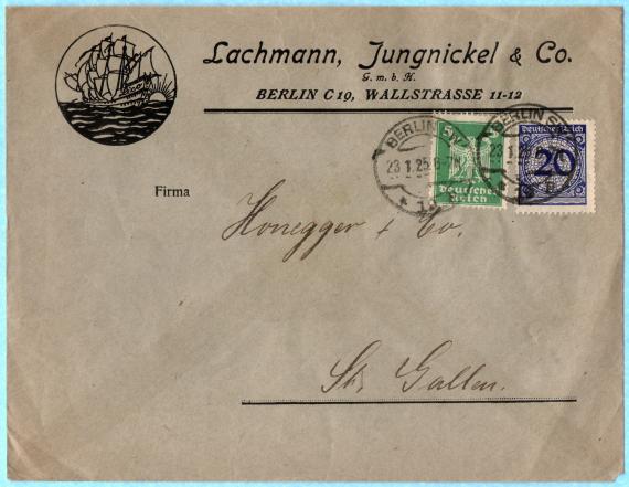 Geschäfts-Briefumschlag " Lachmann,Jungnickel & Co., Berlin, Wallstraße 11-12 " - versandt am 23. Januar 1925 