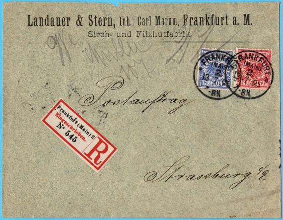 Envelope -" Landauer & Stern, Inh. Carl Marum, Frankfurt am Main, Stroh- und Filzhutfabrik " - sent as registered mail on July 13, 1895