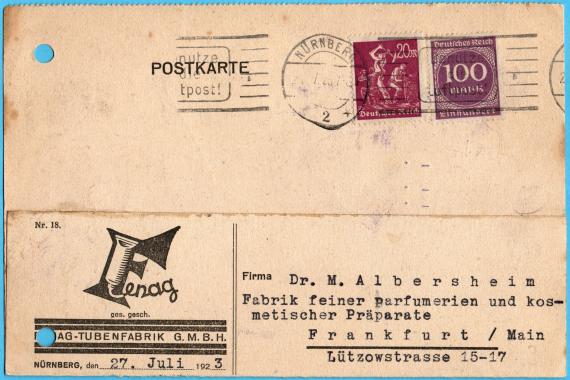 Postkarte an Firma " Dr. M. Albersheim, Fabrik feiner Parfumerien und kosmetischer Präparate ", Frankfurt / Main, Lützowstr. 15 - 17  - versandt am 27.Juli 1923