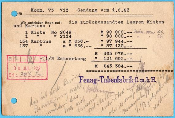 Postkarte an Firma " Dr. M. Albersheim, Fabrik feiner Parfumerien und kosmetischer Präparate ", Frankfurt / Main, Lützowstr. 15 - 17  - versandt am 27.Juli 1923  -  Kartenrückseite