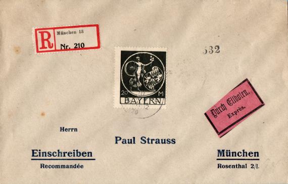 Envelope - registered mail - sent by express courier to Mr. " Paul Strauss ", Munich, Rosenthal 2/1 - sent on April 10, 1920