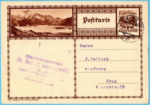 Postcard of a business nature from " Attorney Dr. Robert Sonnenwald, Graz, Fischer-von-Erlbach-Gasse 1", - sent on October 31, 1930