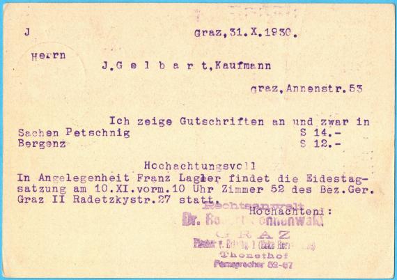 Postcard of a business nature from " Attorney Dr. Robert Sonnenwald, Graz, Fischer-von-Erlbach-Gasse 1", - sent on October 31, 1930 - back of card