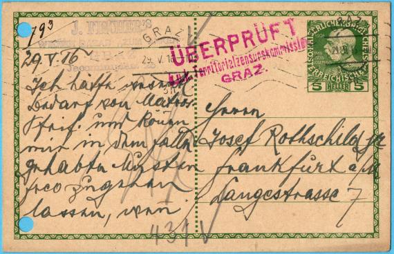 Postkarte geschäftlicher Art an Herrn  "Josef Rothschild jr. " - Frankfurt a. M. - Langestraße 7 - versandt von Graz am 29. Mai 1916