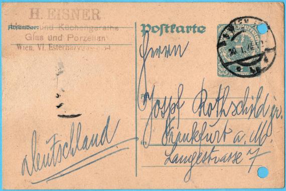 Postkarte geschäftlicher Art an Herrn  "Josef Rothschild jr. " - Frankfurt a. M. - Langestraße 7 - versandt von Wien am 30. Januar 1922  