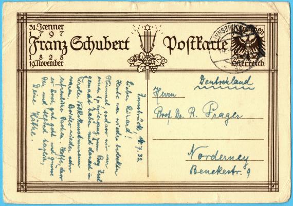 Private postcard to Mr. " Prof. Dr. R. Prager ", Norderney, Benekestr. 9 - sent from Innsbruck on 14 July 1932