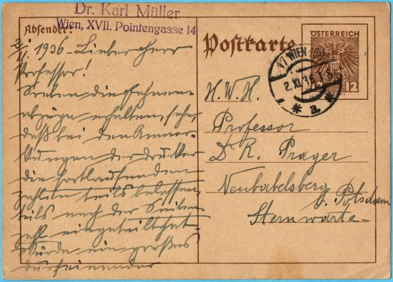 Postcard to H.W.H. " Professor Dr. R. Prager ", Neubabelsberg near Potsdam, Observatory - sent from Vienna on November 2, 1936