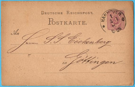 Postkarte geschäftlicher Art an Herrn " S. S. Eichenberg " in Göttingen - versandt am 1. August 1880