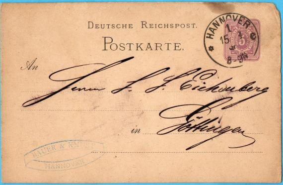 Postkarte geschäftlicher Art an Herrn " S. S. Eichenberg " in Göttingen - versandt am 15. August 1880 