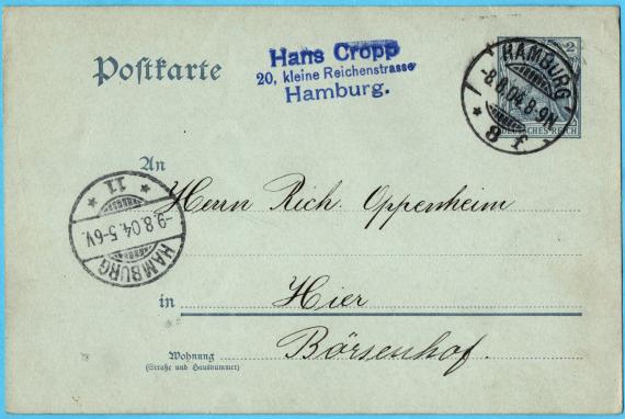 Postkarte geschäftlicher Art an Herrn " Rich. Oppenheim ", Hamburg, Börsenhof - versandt am 8. August 1904