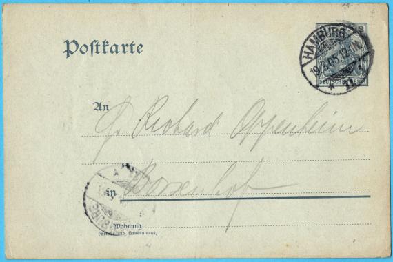 Postkarte geschäftlicher Art an Herrn " Richard Oppenheim ", Hamburg, Börsenhof - versandt am 19. März 1905 