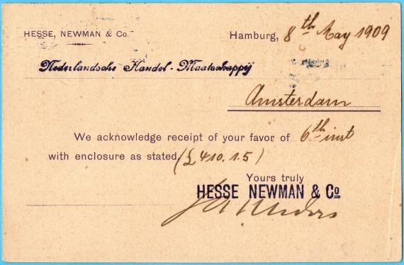 Geschäftspostkarte " Hesse Newman & Co. " - versandt am 8. Mai 1909  -  Kartenrückseite