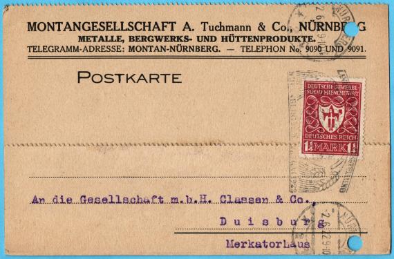 Postkarte - A. Tuchmann & Co. Geschäftspostkarte der " Montangesellschaft A. Tuchmann & Co ", Nürnberg, Metalle, Bergwergs- und Hüttenprodukte - versandt am 2. Juni 1922