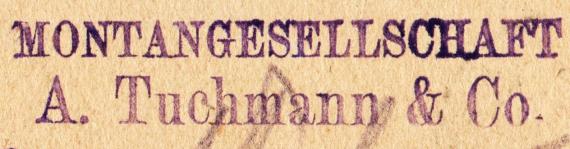 Geschäftspostkarte der " Montangesellschaft A. Tuchmann & Co ", Nürnberg, Metalle, Bergwergs- und Hüttenprodukte  -  versandt am 2. Juni 1922  -  Ausschnittvergrößerung Firmenname