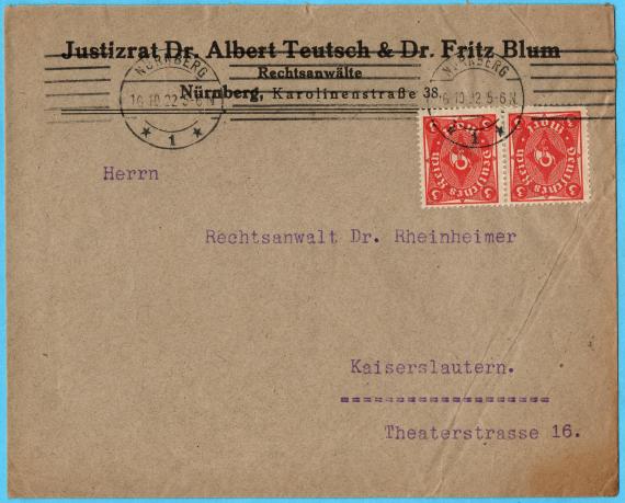 Briefumschlag - " Justizrat Dr. Albert Teutsch & Dr. Fritz Blum ", Rechtsanwälte, Nürnberg, Karolinenstraße 38  -  versandt am 16. Oktober 1922 