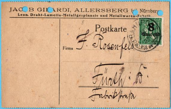 Postkarte geschäftlicher Art an Firma " J. Rosenfels, Fürth i. B., Fabrikstraße " - versandt am 18. August 1923