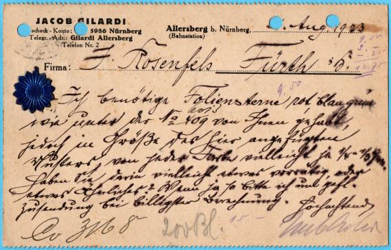 Postkarte geschäftlicher Art an Firma " J. Rosenfels, Fürth i. B., Fabrikstraße " - versandt am 18. August 1923  - Kartenrückseite