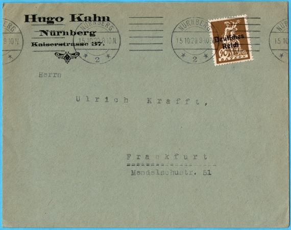 Envelope " Hugo Kahn, Nuremberg, Kaiserstr. 37 " - sent on October 15, 1920