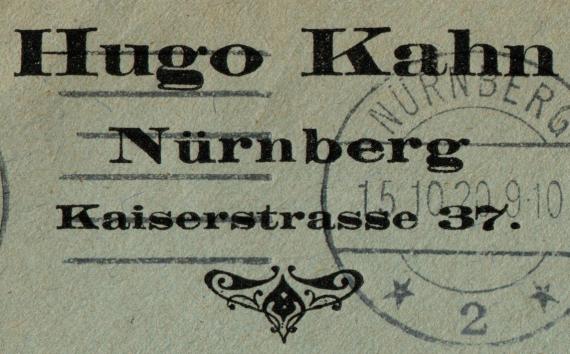 Briefumschlag - Hugo Kahn Envelope " Hugo Kahn, Nuremberg, Kaiserstr. 37 " - sent on October 15, 1920 - detail enlargement of address