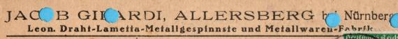 Business postcard " Jacob Gilardi, Allersberg near Nuremberg, Leon. Draht-Lametta-Metallgespinste und Metallwaren-Fabrik " - mailed on August 18, 1923 - detail enlargement of company name