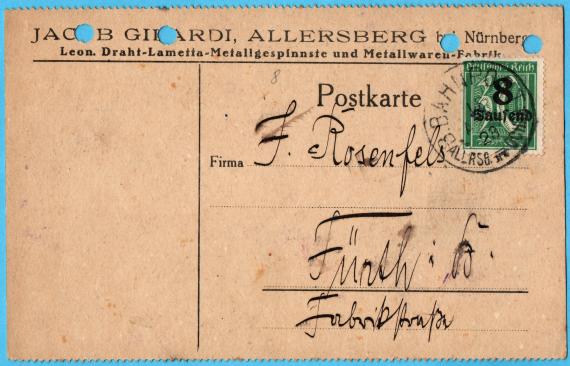 Business postcard " Jacob Gilardi, Allersberg near Nuremberg, Leon. Draht-Lametta-Metallgespinste und Metallwaren-Fabrik " - mailed on August 18, 1923