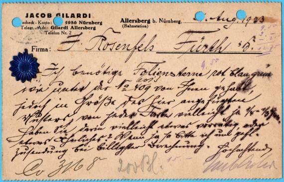 Business postcard " Jacob Gilardi, Allersberg near Nuremberg, Leon. Draht-Lametta-Metallgespinste und Metallwaren-Fabrik " - mailed on August 18, 1923 - back of card