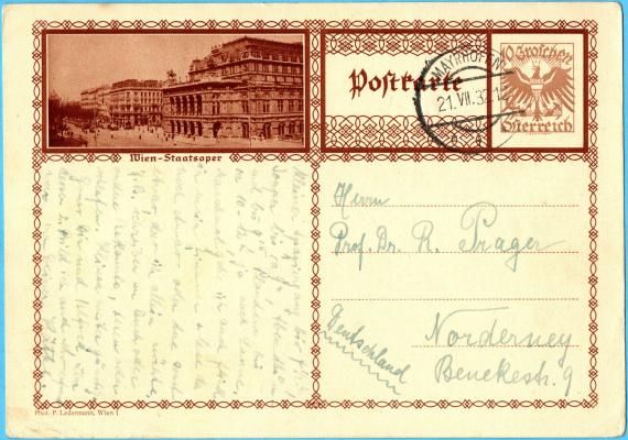 Postcard of a personal nature to Mr. " Prof. Dr. R. Prager ", Norderney, Benekestr. 9 - sent on July 21, 1932