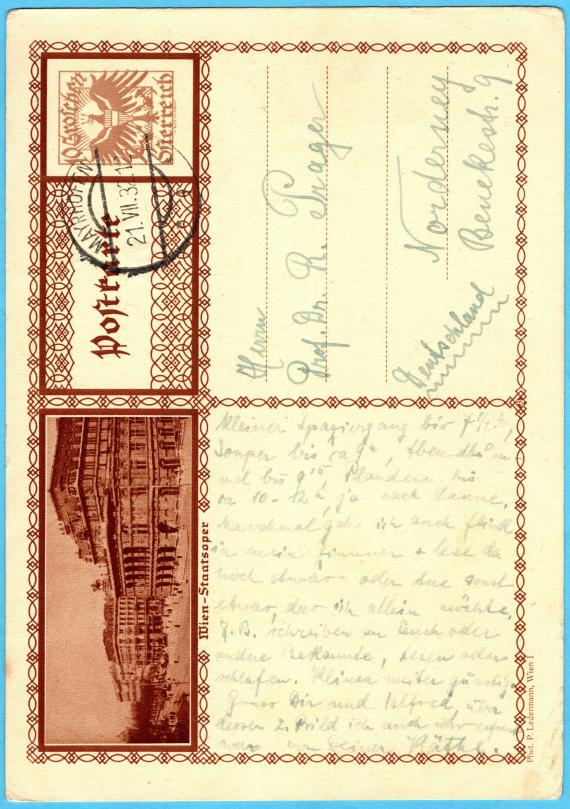 Postkarte - Prof. Dr. R. Prager Postcard of a personal nature to Mr. " Prof. Dr. R. Prager ", Norderney, Benekestr. 9 - sent on 21 July 1932 - front of card with end of text