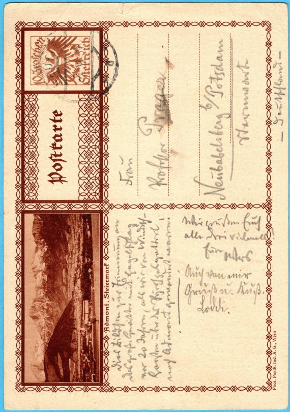 Postcard of a personal nature to " Frau Professor Prager ", Neubabelsberg near Potsdam, observatory - sent on June 1, 1931 - front of card with text