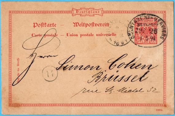 Postkarte geschäftlicher Art an Herrn " Simon Cohen " , Brüssel, Rue St. Michel 32 - versandt am 1. Mai 1894