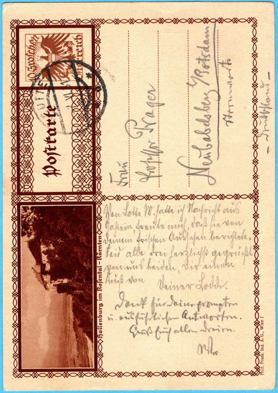 Postkarte - Käthe Prager Postcard of a personal nature to " Frau Professor Prager ", Neubabelsberg near Potsdam, observatory - sent on June 7, 1931 - front of card with text