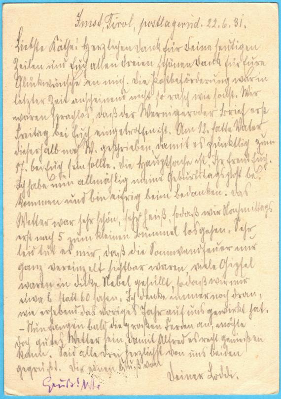 Postcard of a personal nature to " Frau Professor Prager ", Neubabelsberg near Potsdam, observatory - sent on June 23, 1931 - back of card