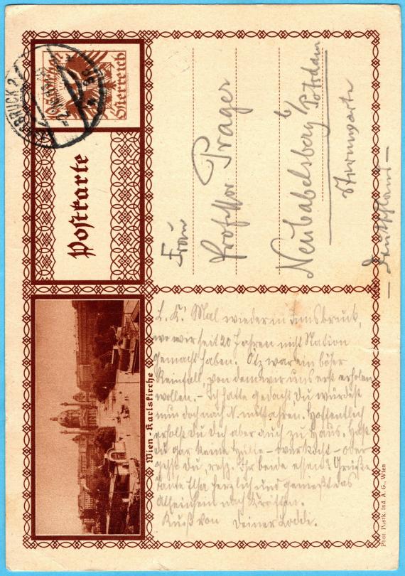 Postcard of a personal nature to " Frau Professor Prager ", Neubabelsberg near Potsdam, observatory - sent on July 2, 1931 - front of card with text