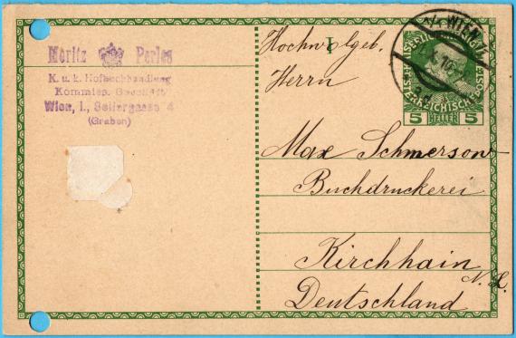 Geschäftspostkarte - Moritz Perles Geschäftspostkarte " Moritz Perles, K.u.k. Hofbuchhandlung, Kommis. Geschäft ", Wien, I., Seilergasse 4, (Graben) - versandt am 31. Oktober 1910