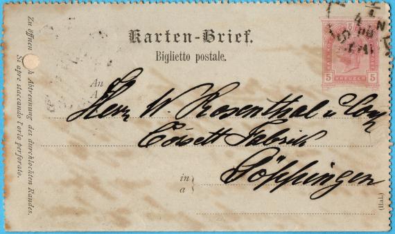 Kartenbrief geschäftlicher Art  an Herrn " W. Rosenthal & Co., Corsett-Fabrik ", Göppingen - versandt am 4. Januar 1893