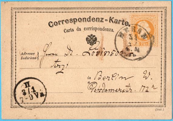 Correspondenz-Karte privater Art an Herrn " Dr. Lövinsohn, Arzt ", Berlin W., Potsdamerstr. 112  -  versandt am 31. Dezember 1875