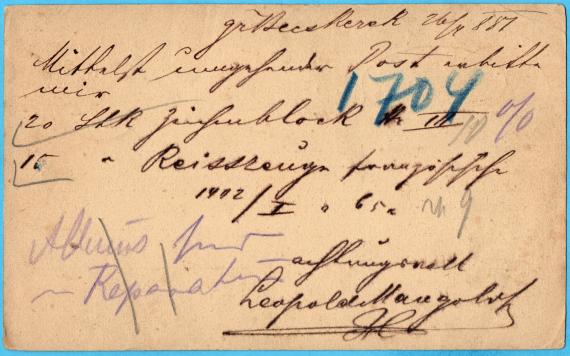 Postkarte geschäftlicher Art an Herrn " Mendel & Löwy ", Wien, Wipplingerstr.30  -  versandt am 26. April 1881  -  Kartenrückseite